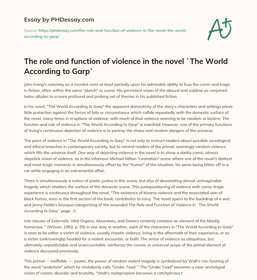 The role and function of violence in the novel `The World According to Garp` essay