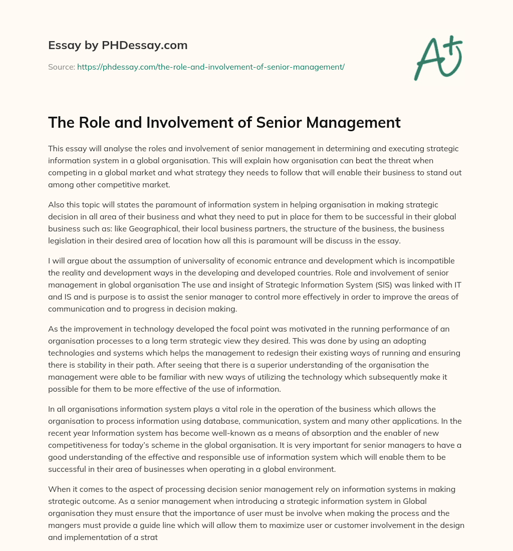 The Role and Involvement of Senior Management essay