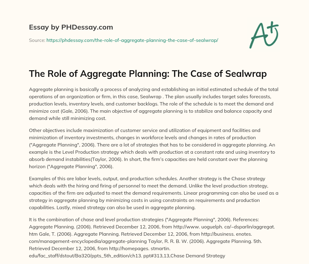 The Role of Aggregate Planning: The Case of Sealwrap essay