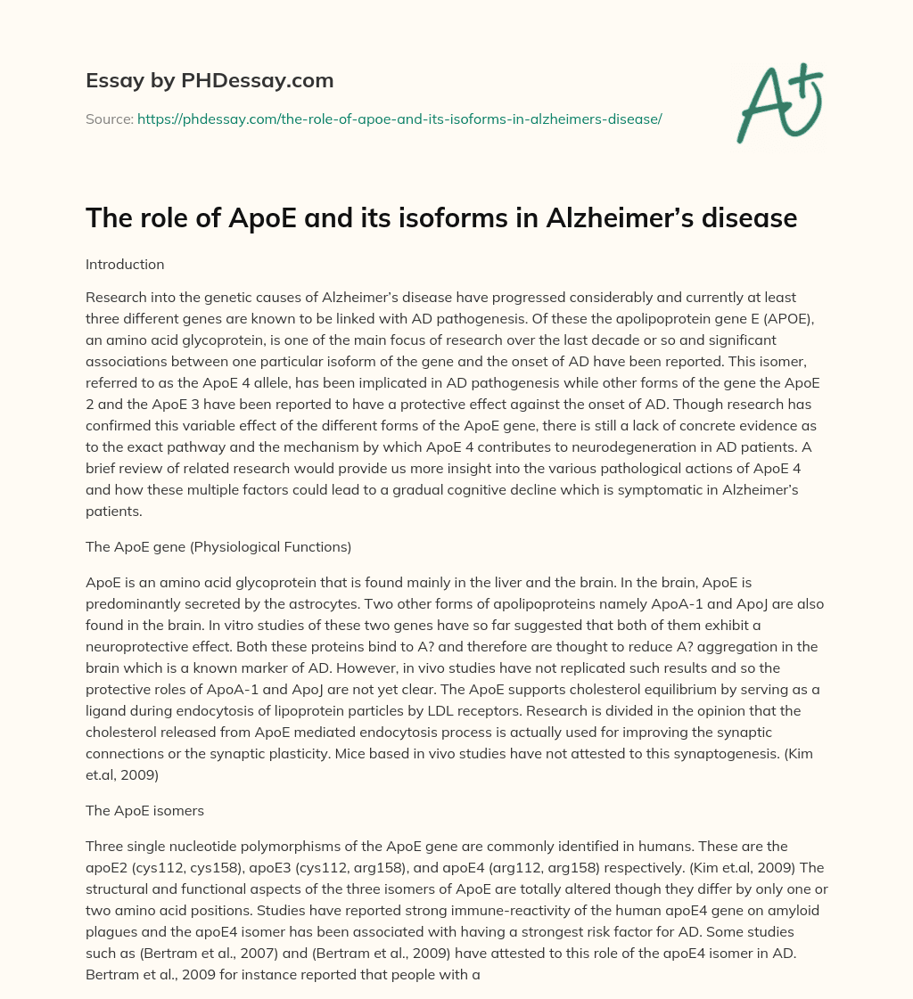 The role of ApoE and its isoforms in Alzheimer’s disease essay