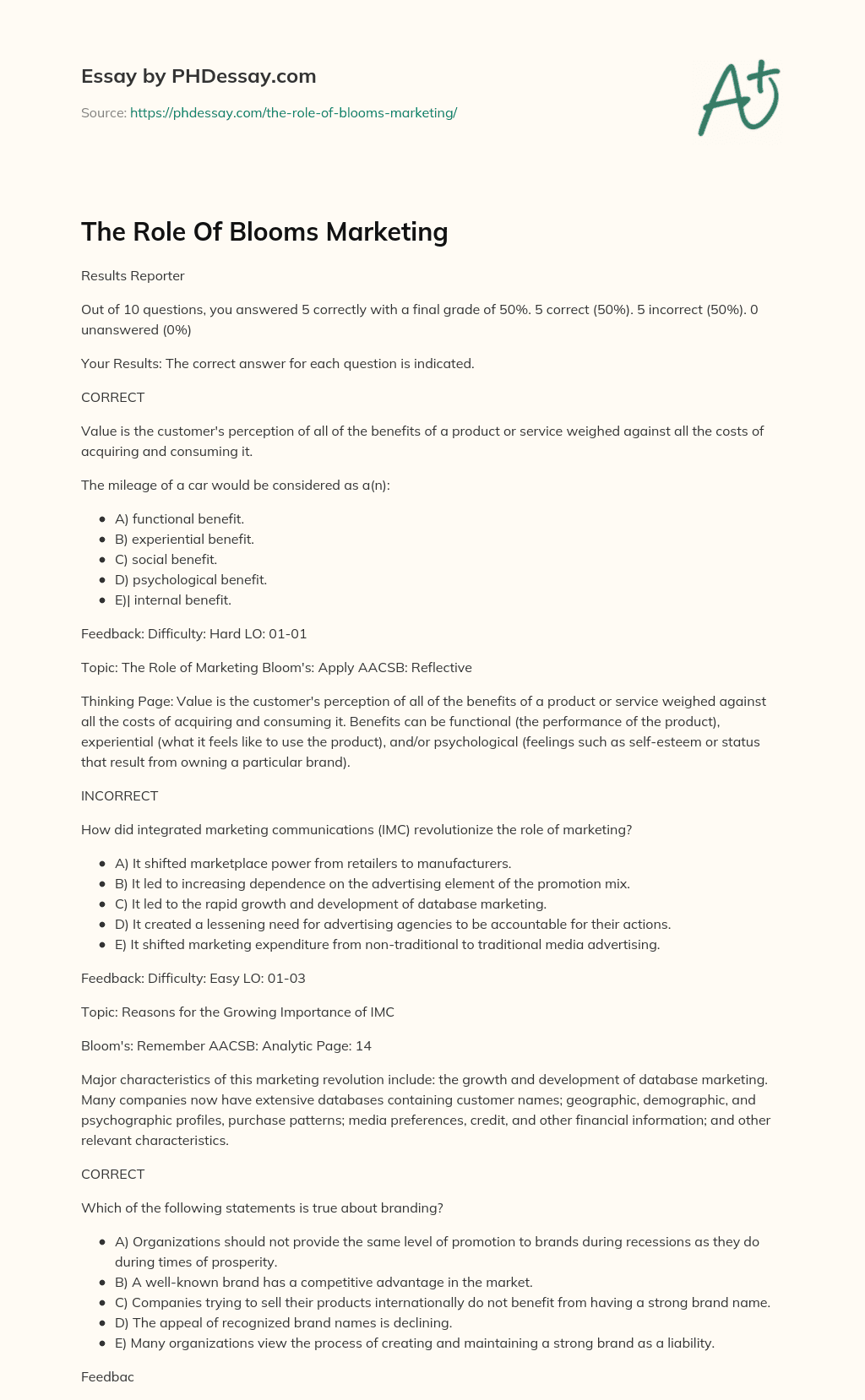 The Role Of Blooms Marketing essay
