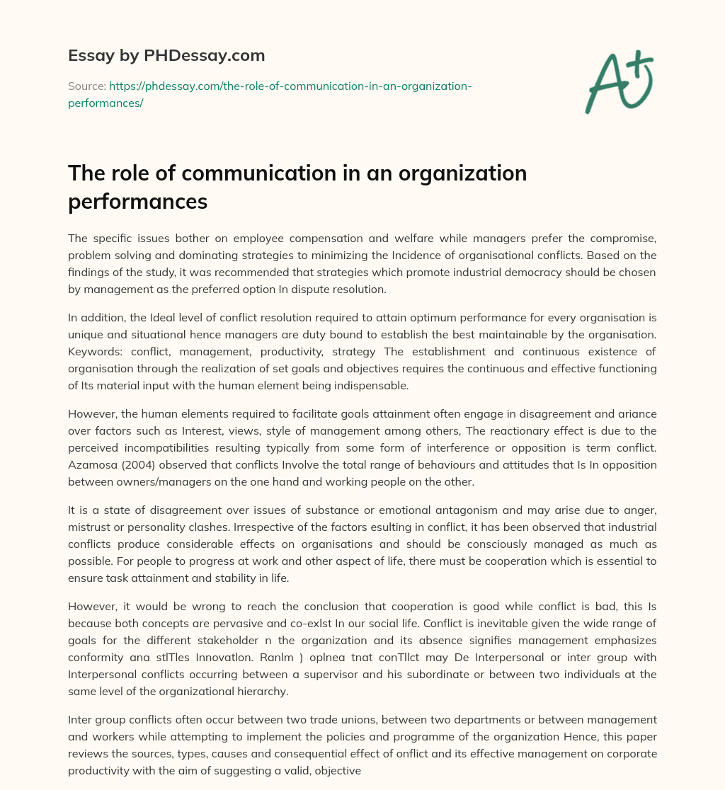 The role of communication in an organization performances essay