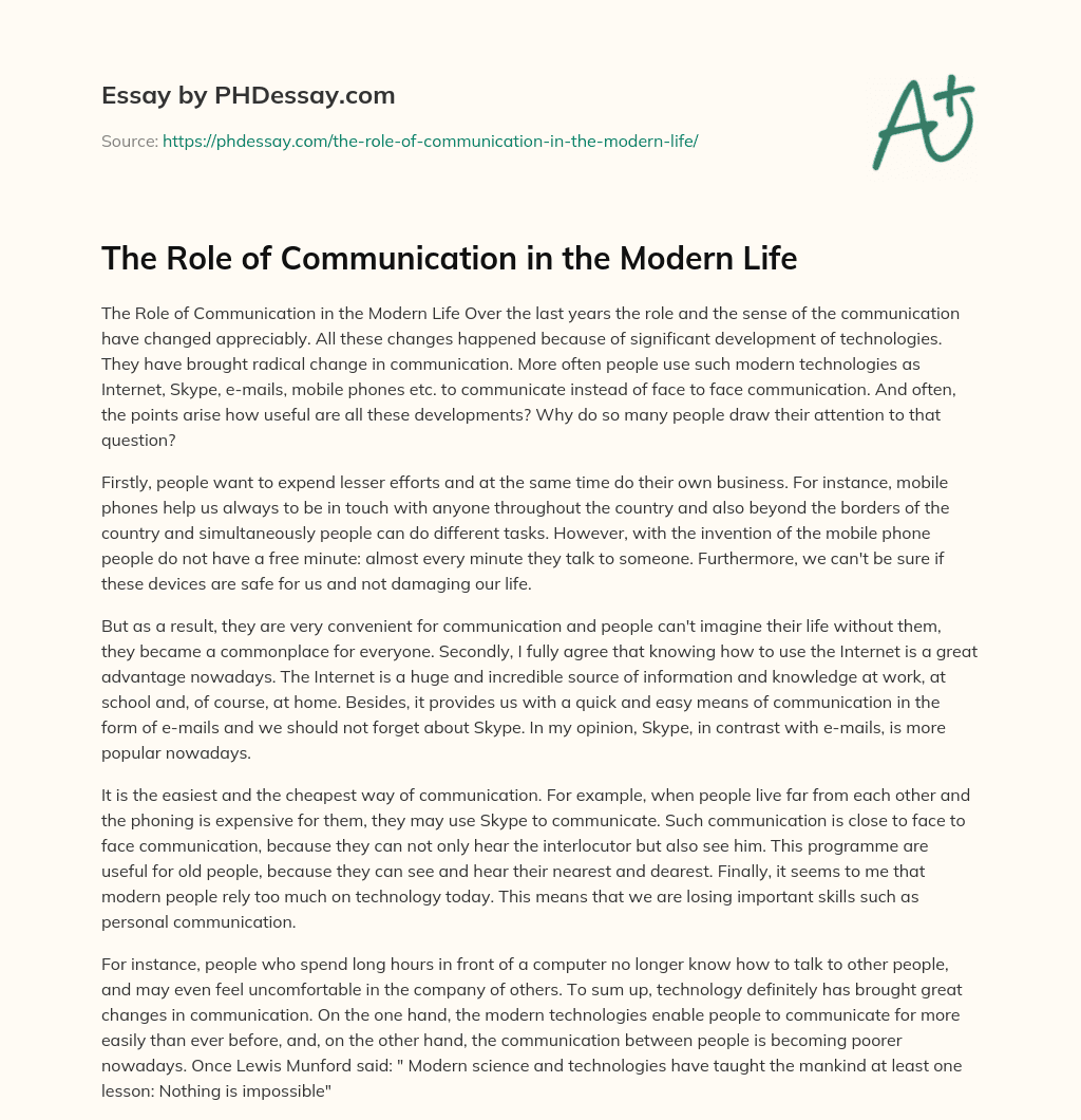 The Role Of Communication In The Modern Life 500 Words PHDessay