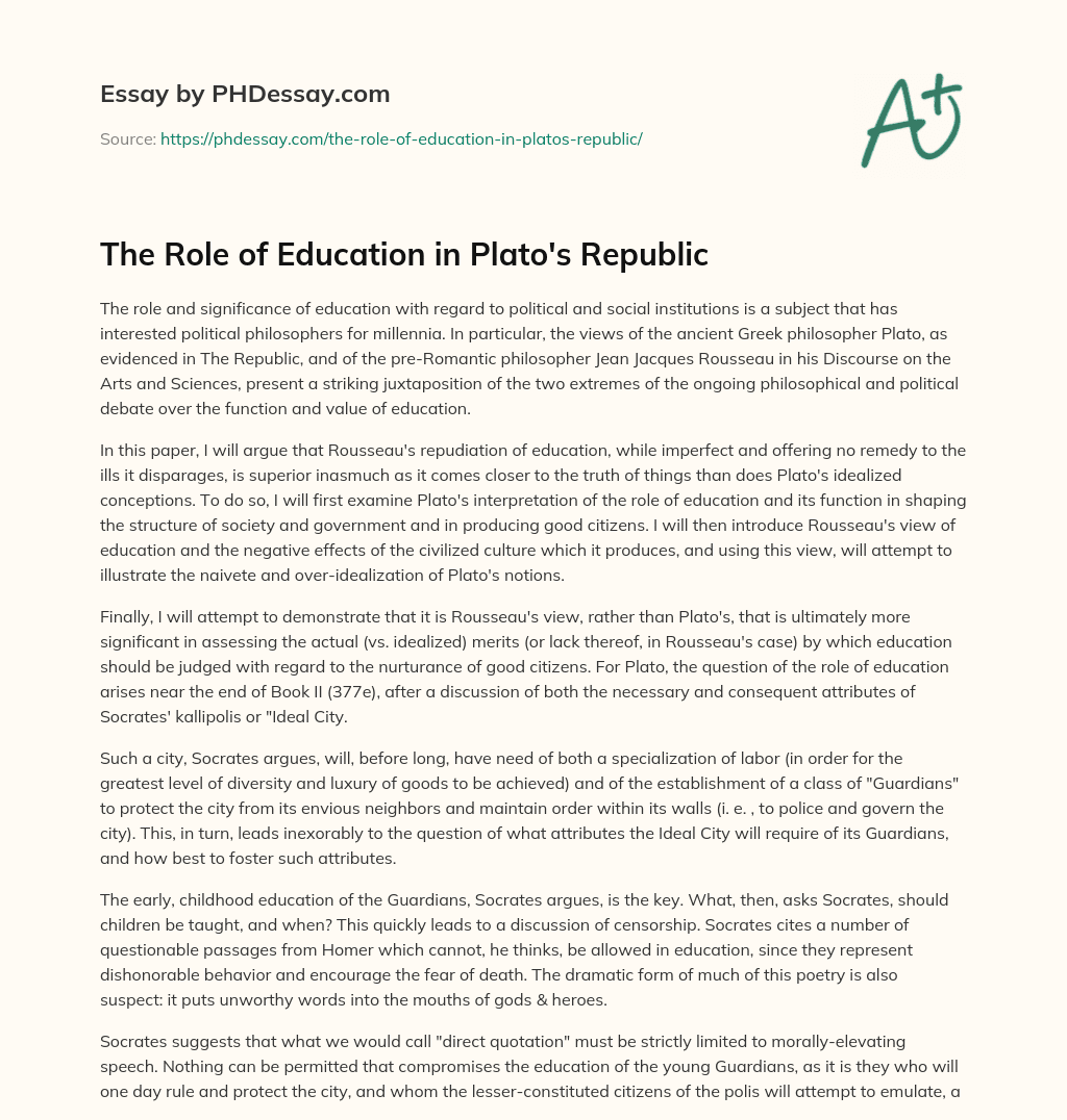 The Role of Education in Plato’s Republic essay