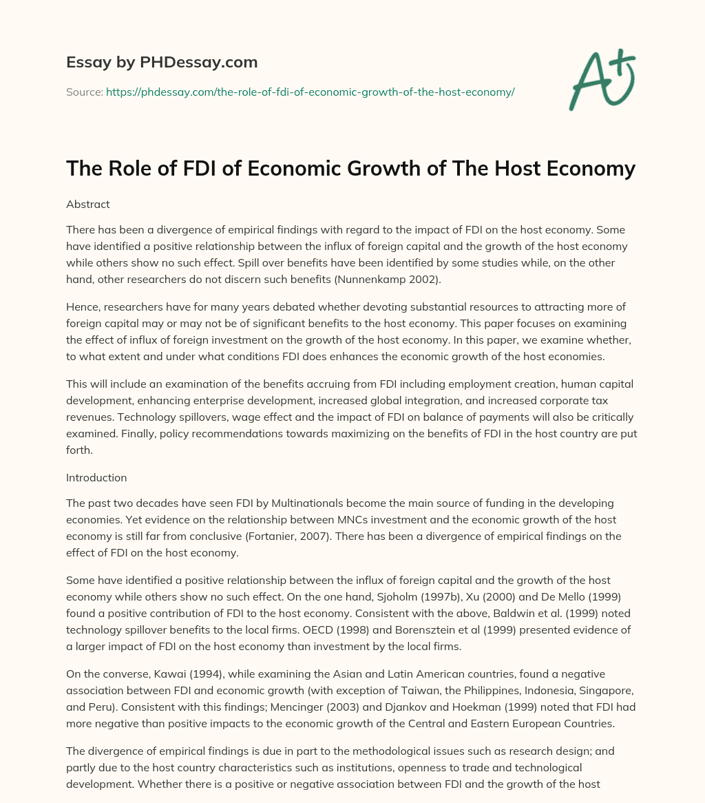 The Role of FDI of Economic Growth of The Host Economy essay
