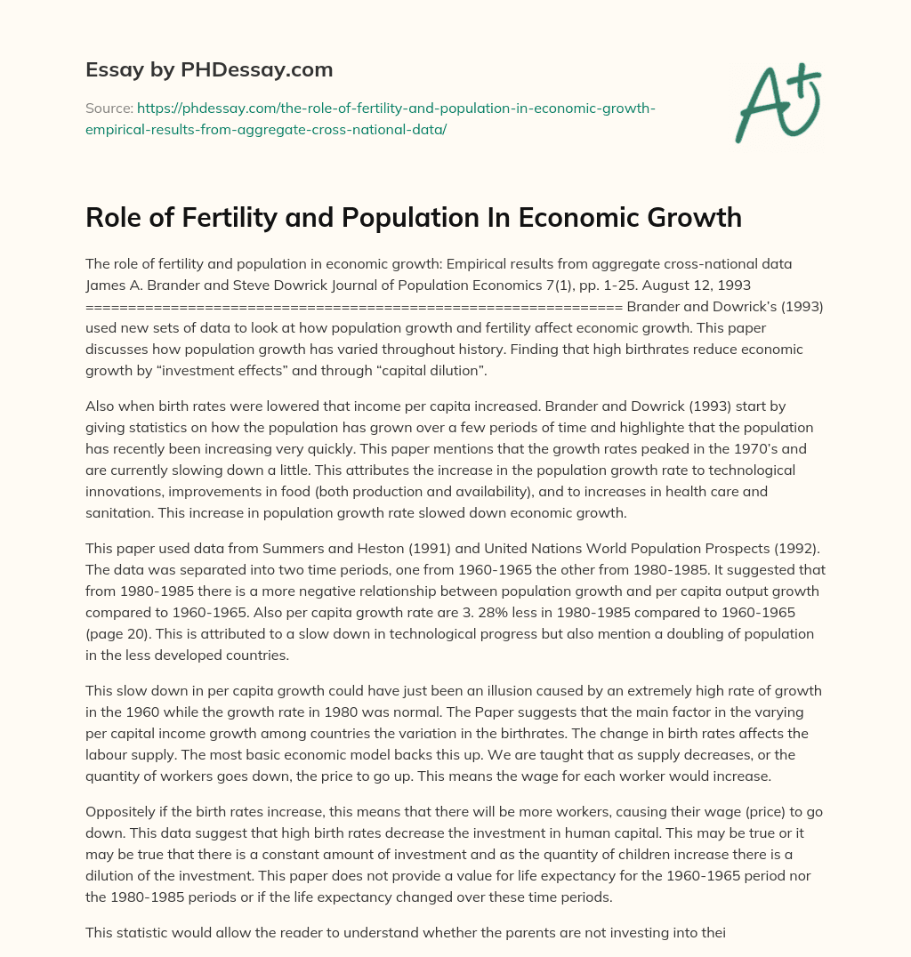 Role of Fertility and Population In Economic Growth essay