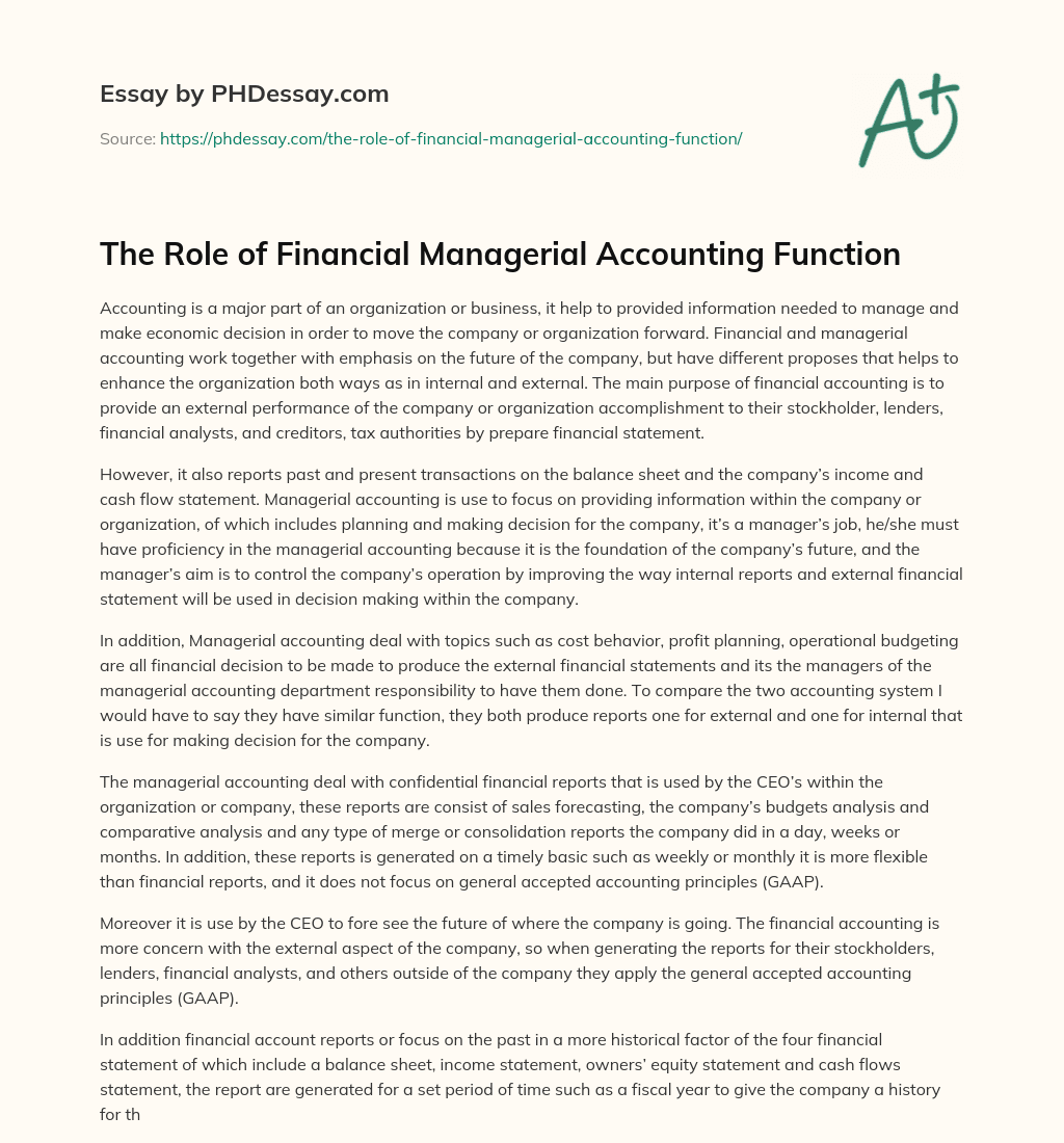 The Role of Financial Managerial Accounting Function essay