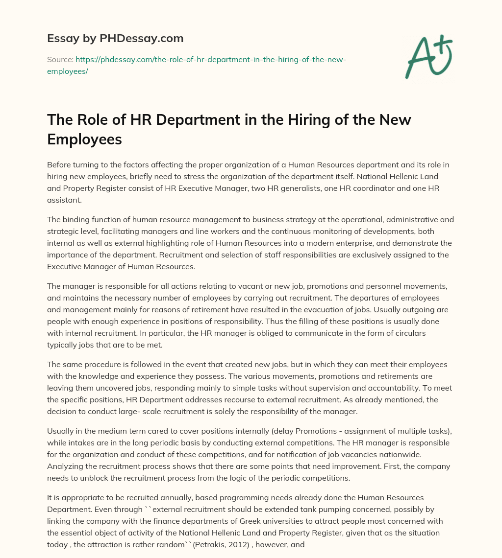 The Role of HR Department in the Hiring of the New Employees essay