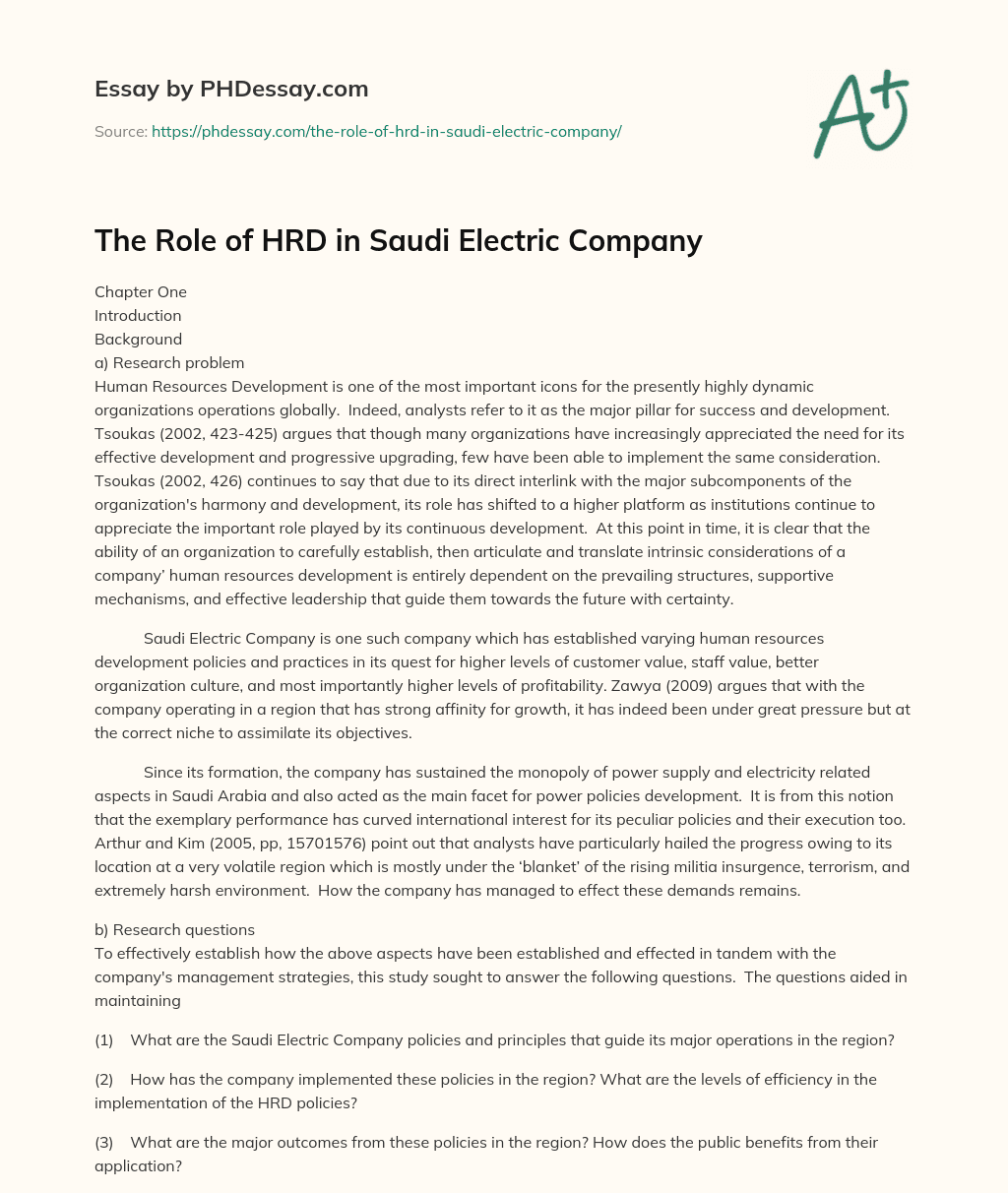 The Role of HRD in Saudi Electric Company essay