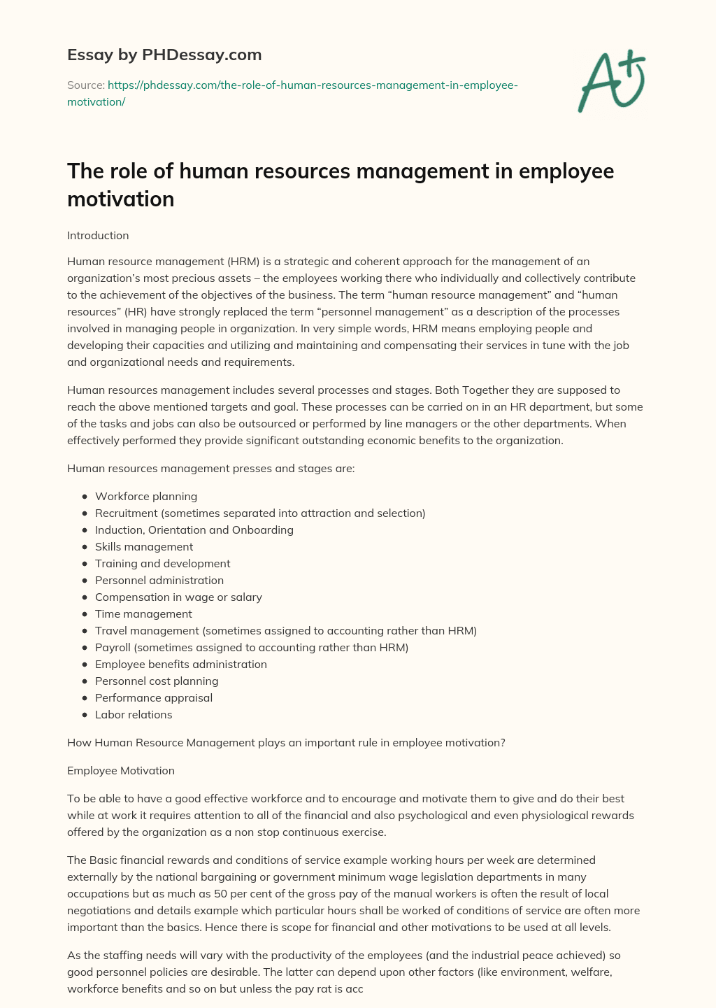 The role of human resources management in employee motivation essay