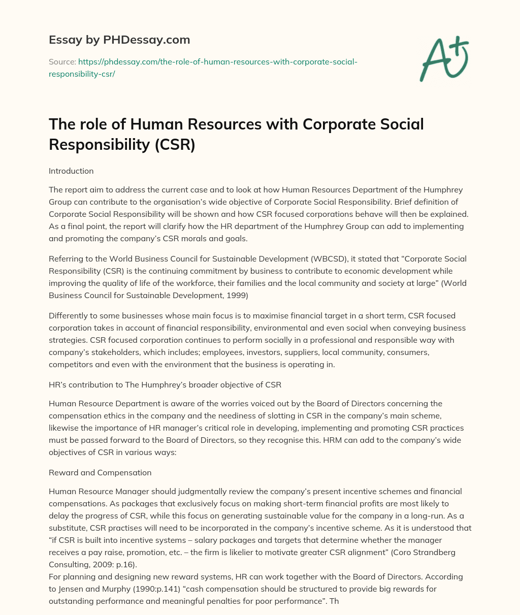 The role of Human Resources with Corporate Social Responsibility (CSR) essay