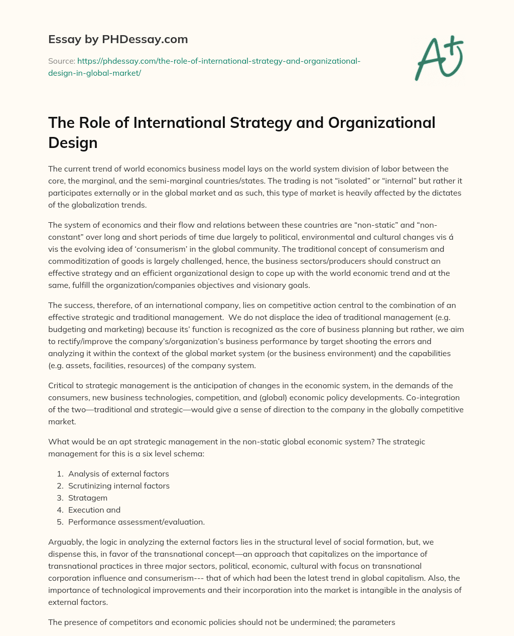 The Role of International Strategy and Organizational Design essay