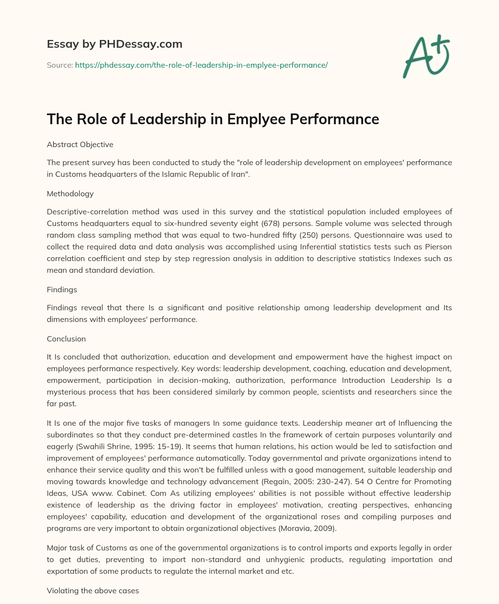 The Role of Leadership in Emplyee Performance essay