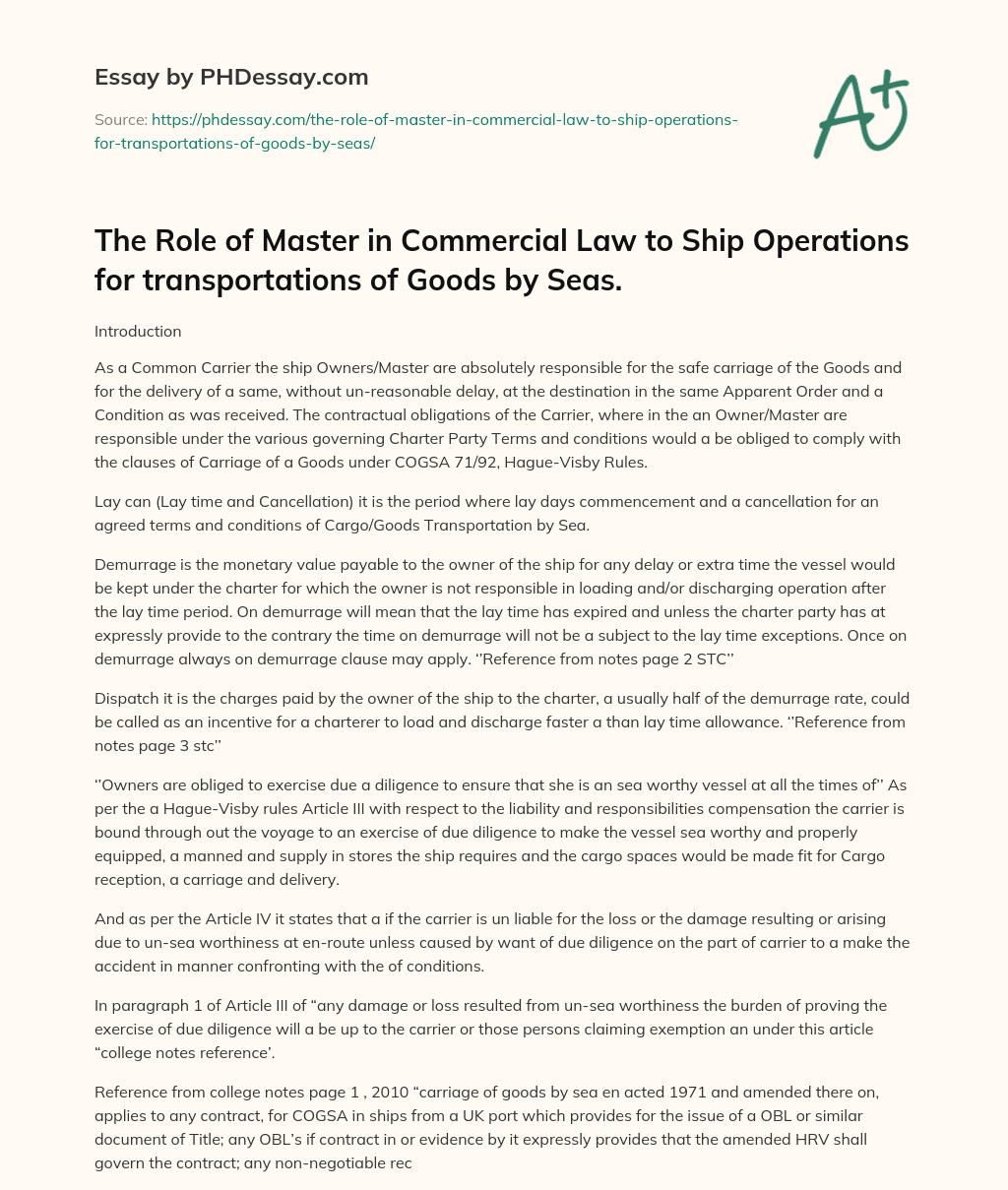 Responsibilities and Financial Terms in Sea Cargo Transportation essay