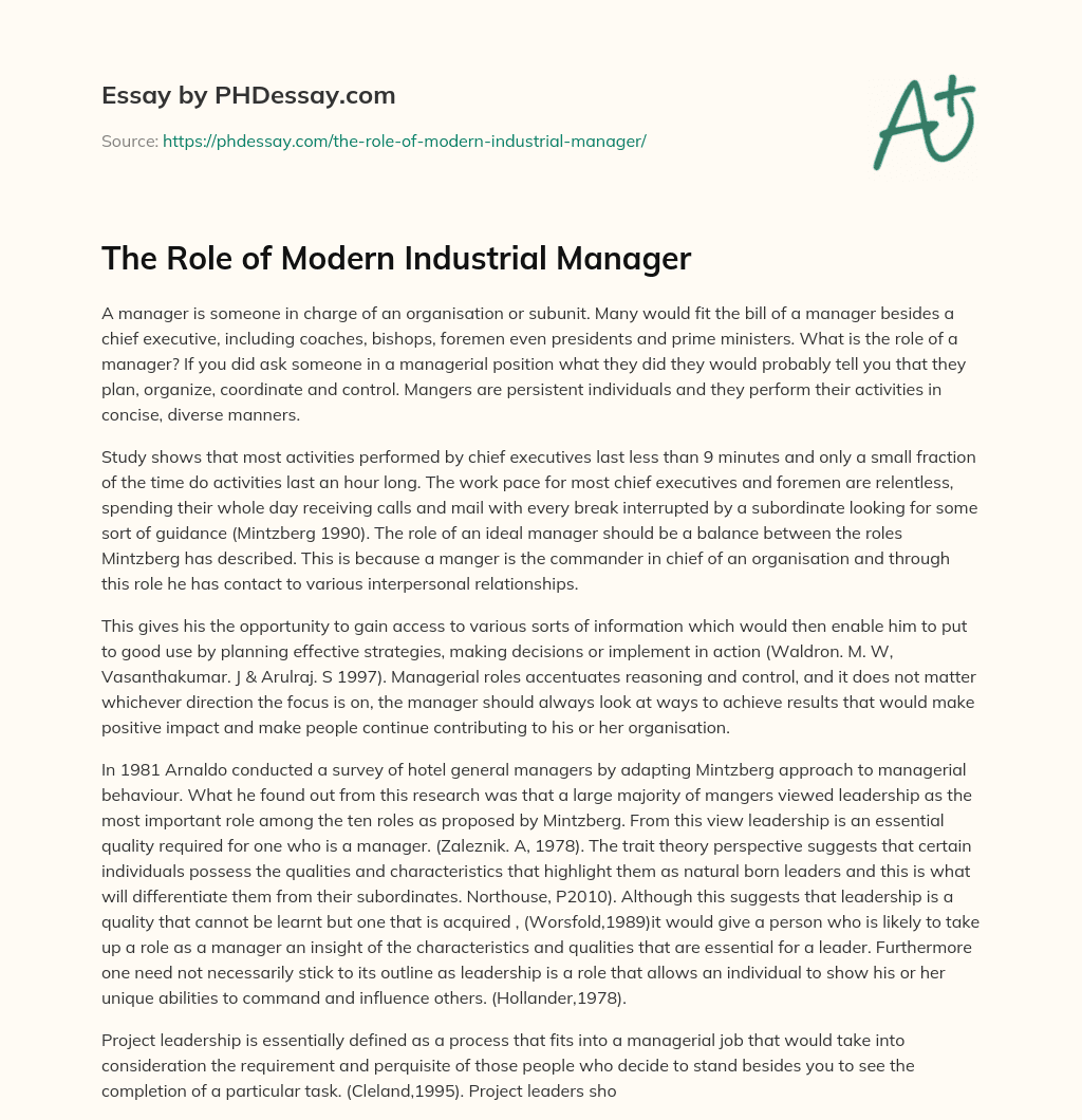 The Role of Modern Industrial Manager essay