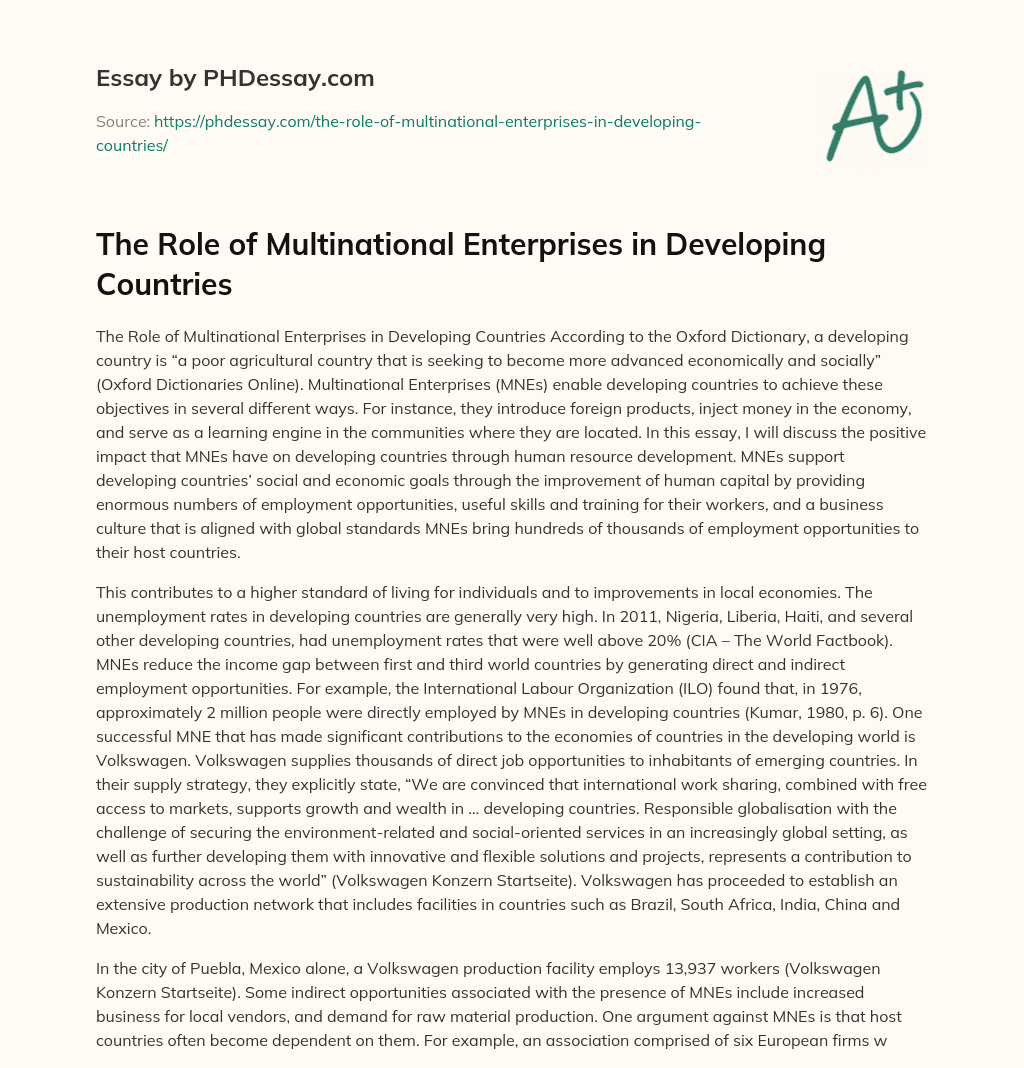 The Role of Multinational Enterprises in Developing Countries essay