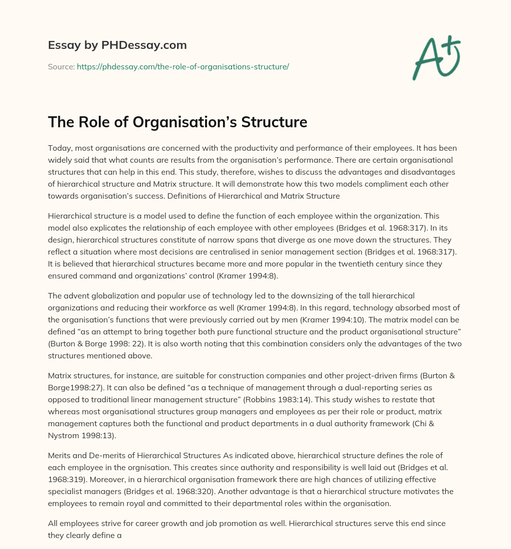 The Role of Organisation’s Structure essay