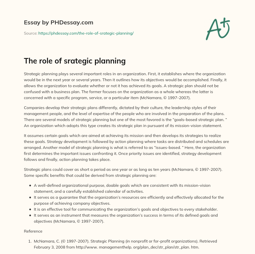 The role of srategic planning essay