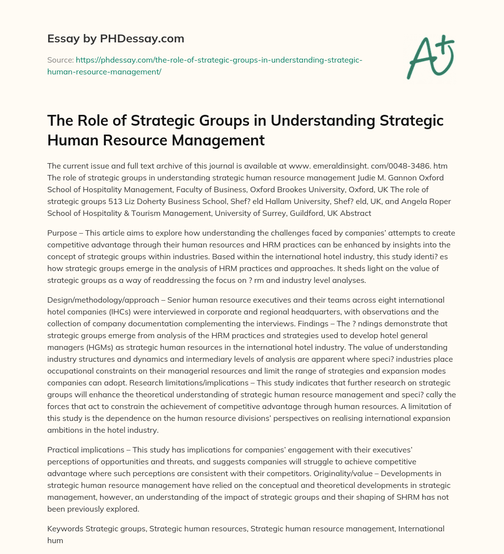 The Role of Strategic Groups in Understanding Strategic Human Resource Management essay