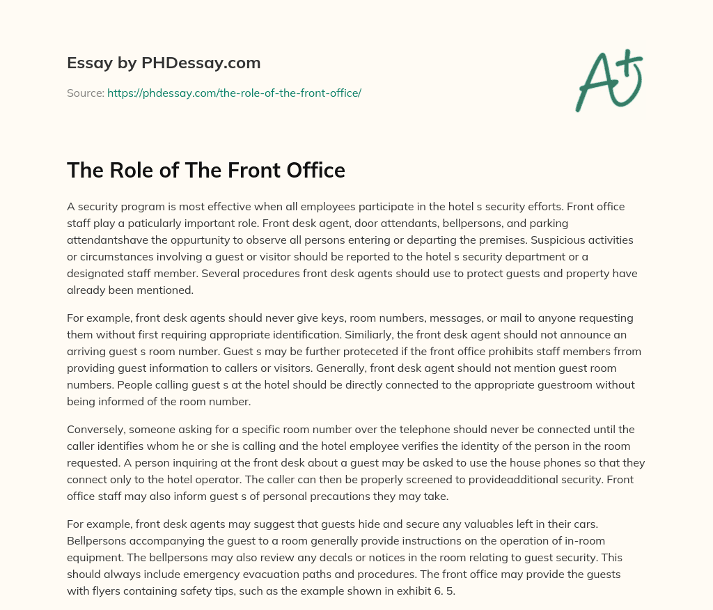 The Role of The Front Office essay