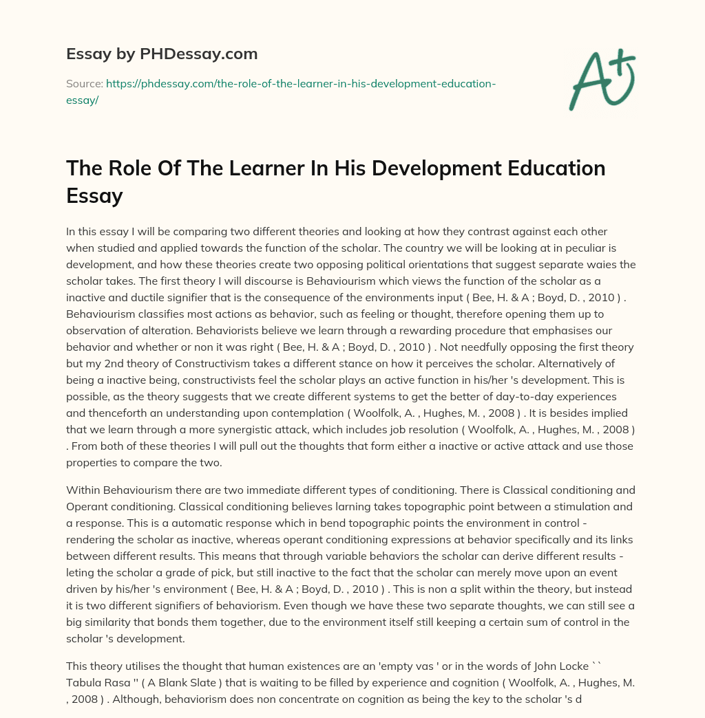 The Role Of The Learner In His Development Education Essay essay