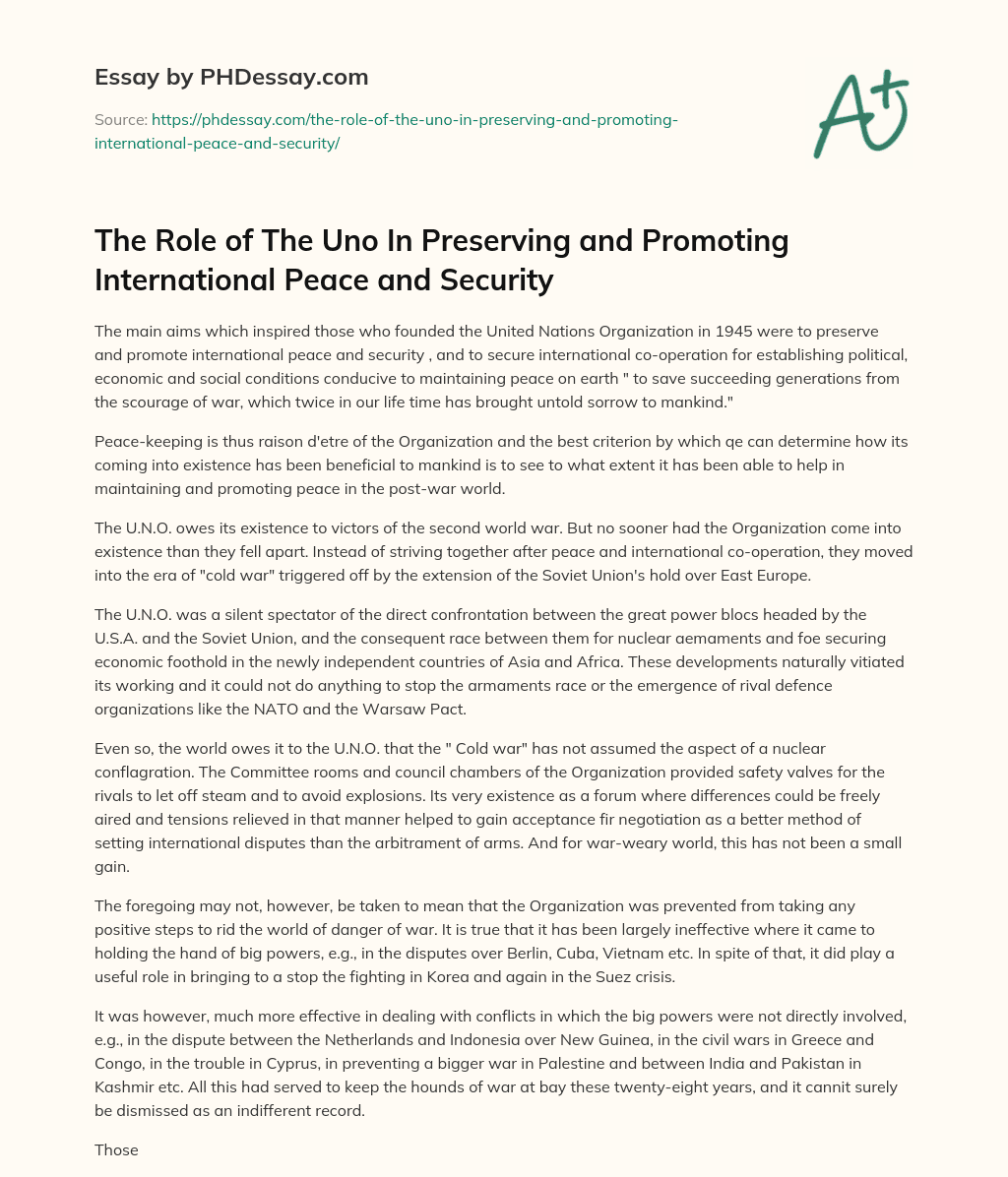 The Role of The Uno In Preserving and Promoting International Peace and Security essay