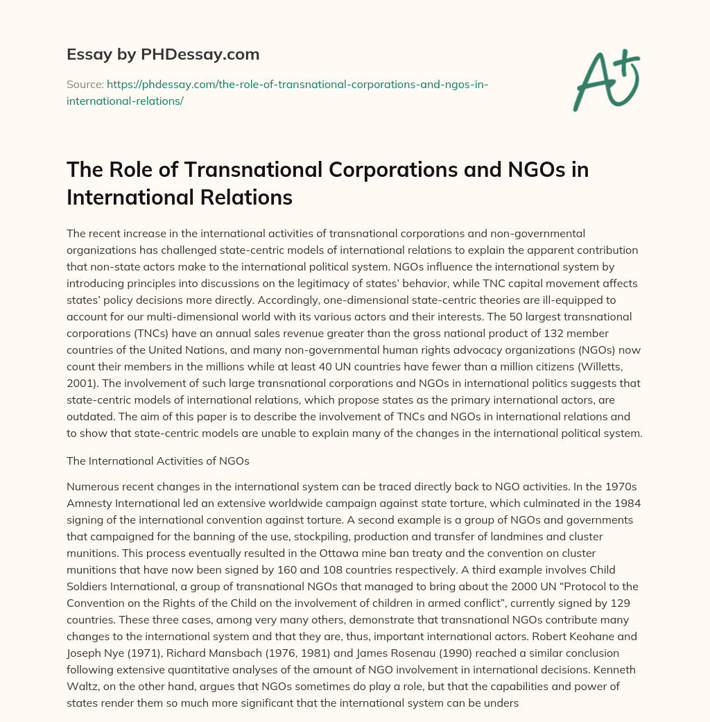 The Role of Transnational Corporations and NGOs in International Relations essay