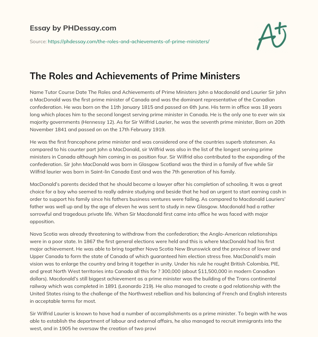 The Roles and Achievements of Prime Ministers essay