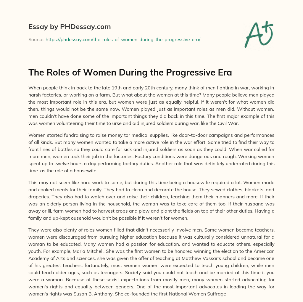 The Roles of Women During the Progressive Era essay