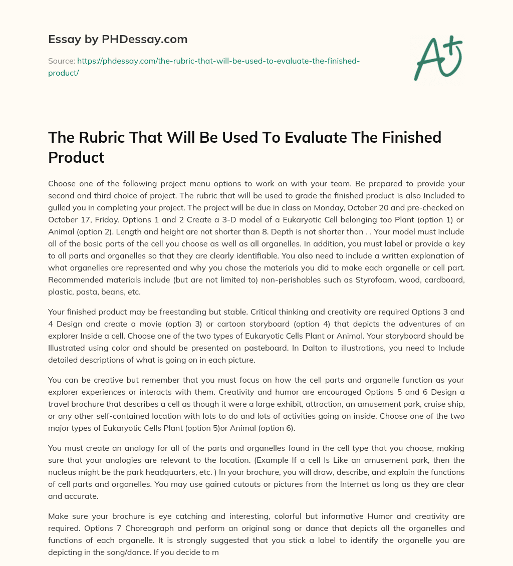 The Rubric That Will Be Used To Evaluate The Finished Product essay
