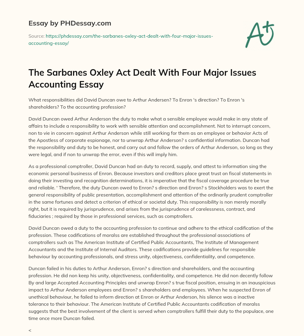 The Sarbanes Oxley Act Dealt With Four Major Issues Accounting Essay essay