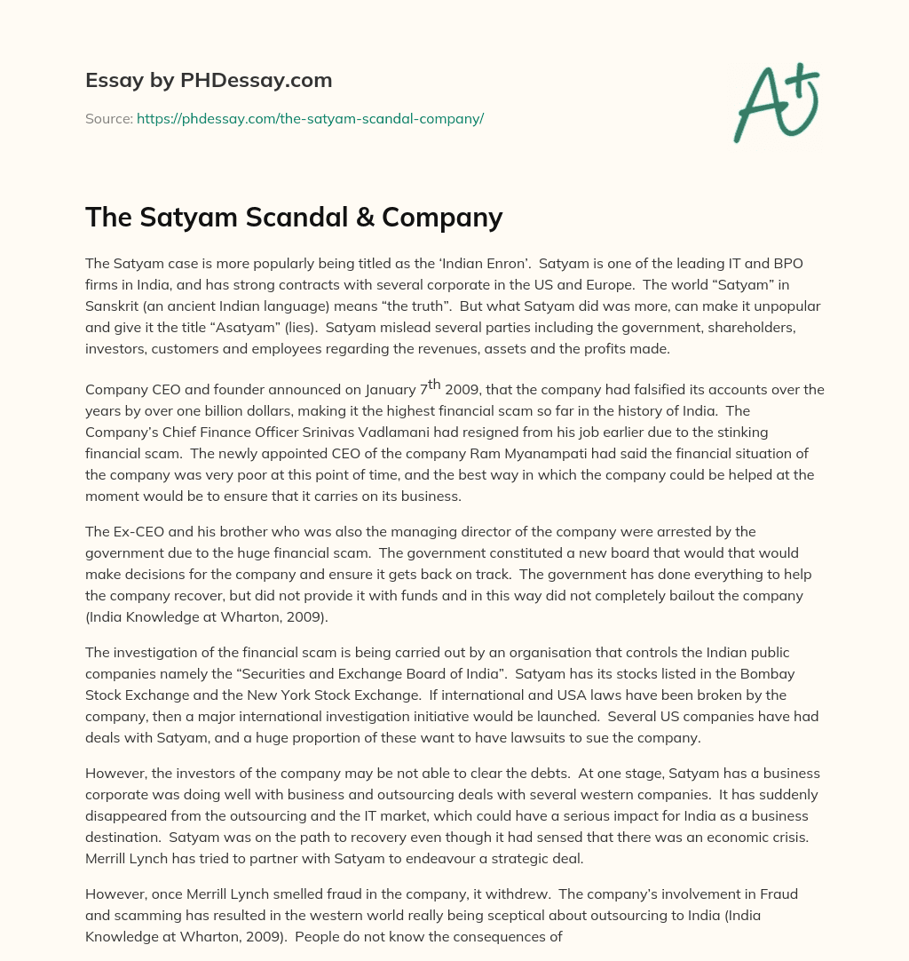 The Satyam Scandal & Company essay