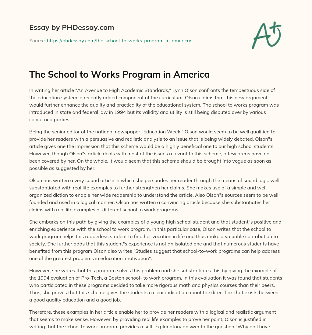 The School to Works Program in America essay