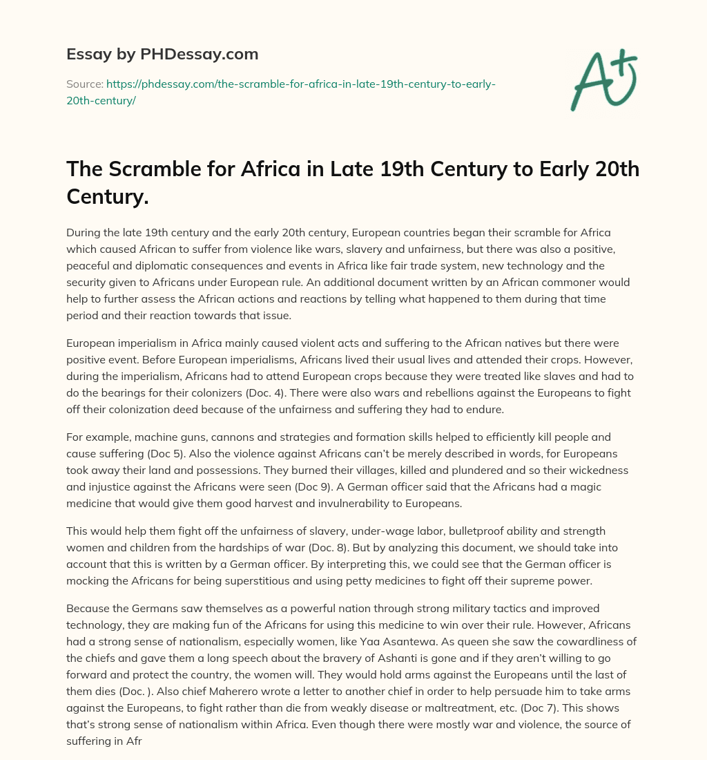 The Scramble for Africa in Late 19th Century to Early 20th Century. essay