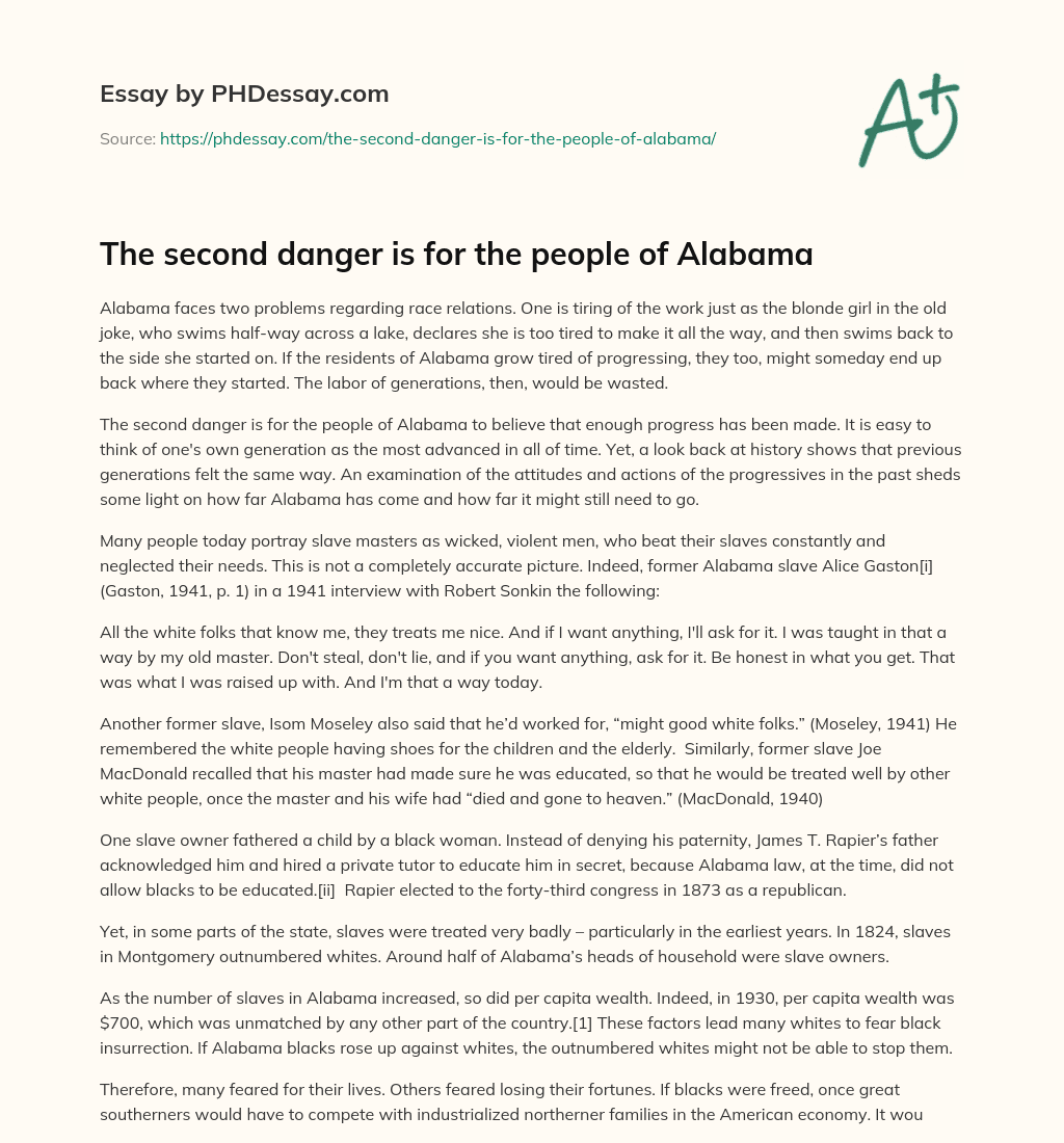 The second danger is for the people of Alabama essay