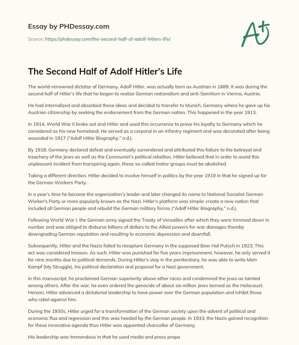 The Second Half of Adolf Hitler’s Life essay