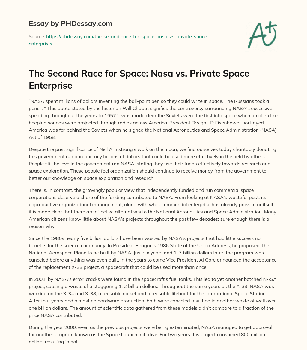 The Second Race for Space: Nasa vs. Private Space Enterprise essay