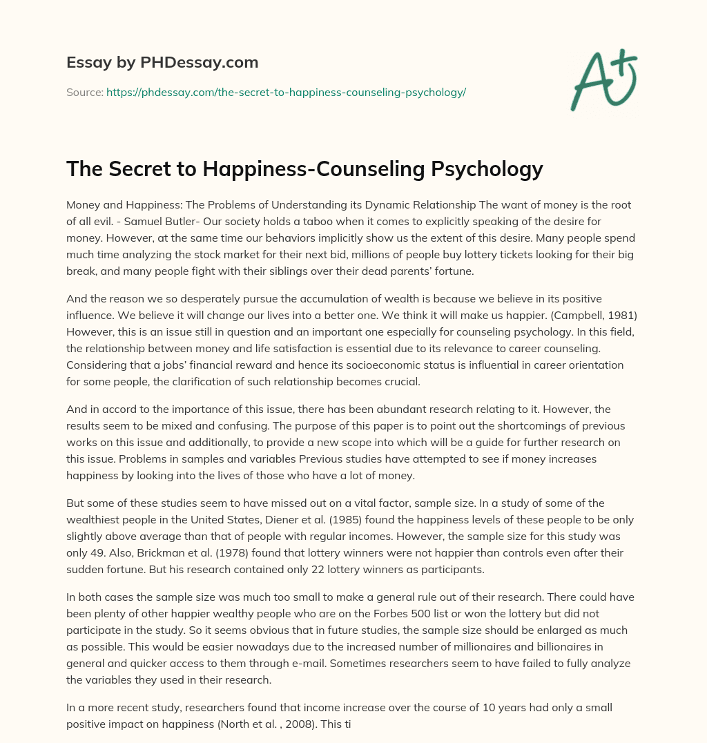 The Secret to Happiness-Counseling Psychology essay