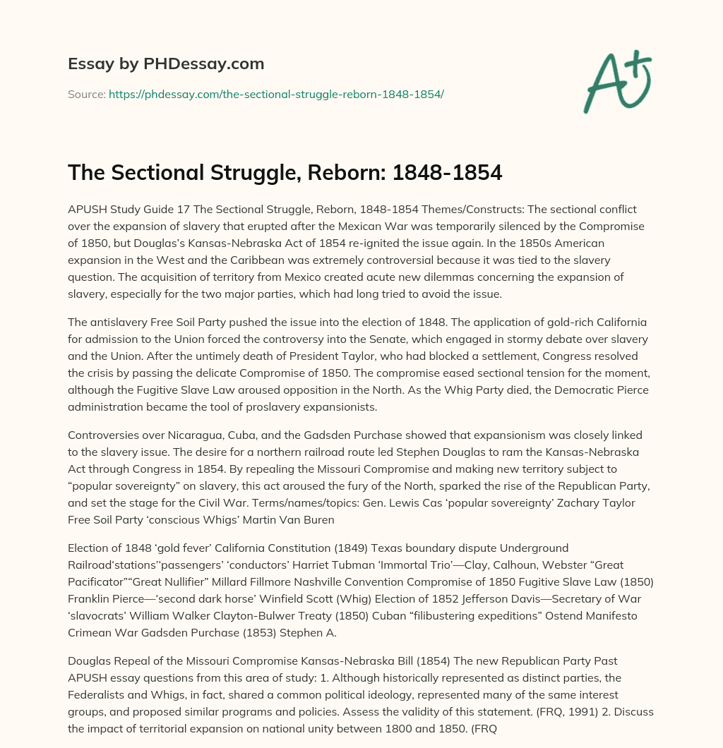 The Sectional Struggle, Reborn 18481854 Definition Example