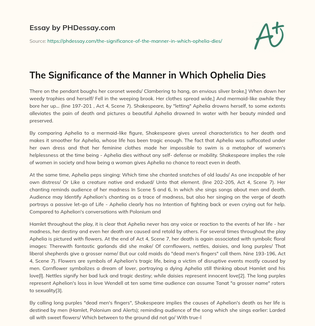 The Significance of the Manner in Which Ophelia Dies essay