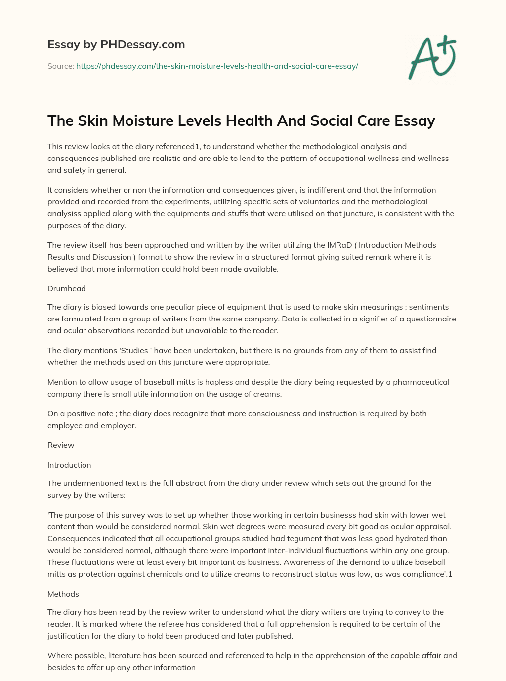 The Skin Moisture Levels Health And Social Care Essay essay