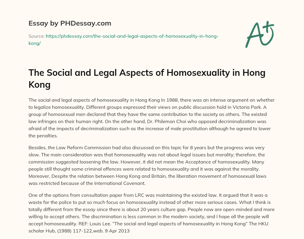 The Social and Legal Aspects of Homosexuality in Hong Kong essay