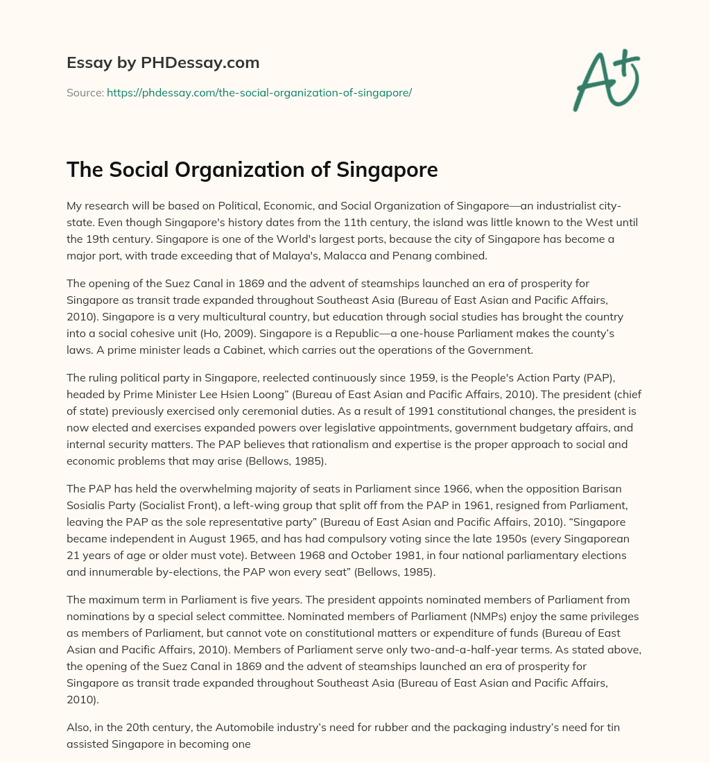The Social Organization of Singapore essay