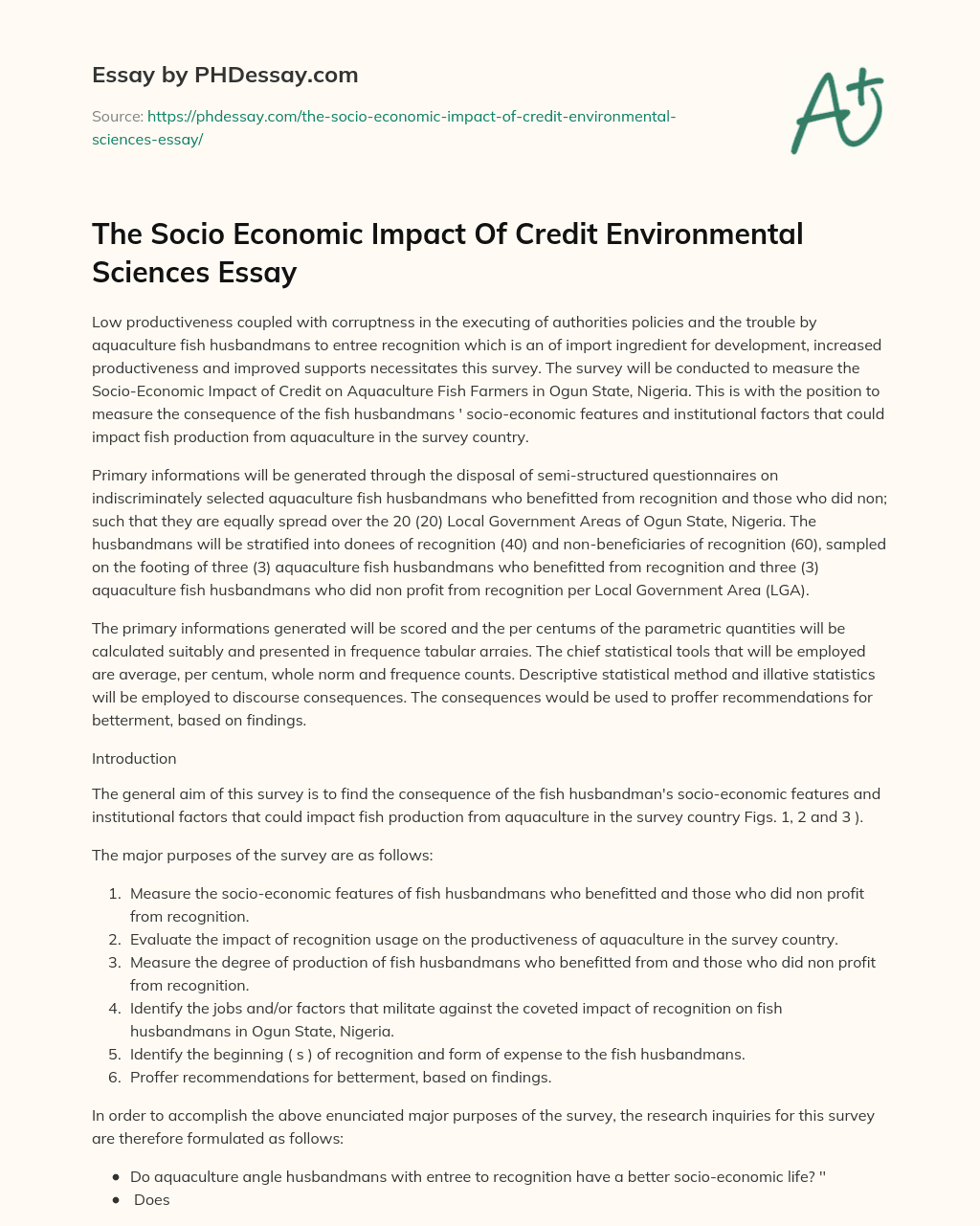 The Socio Economic Impact Of Credit Environmental Sciences Essay essay