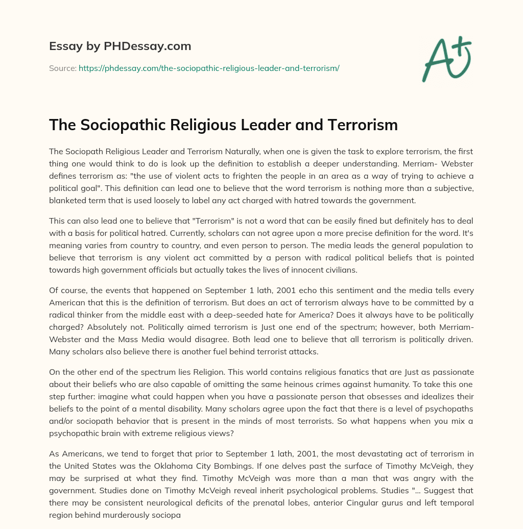 The Sociopathic Religious Leader and Terrorism essay