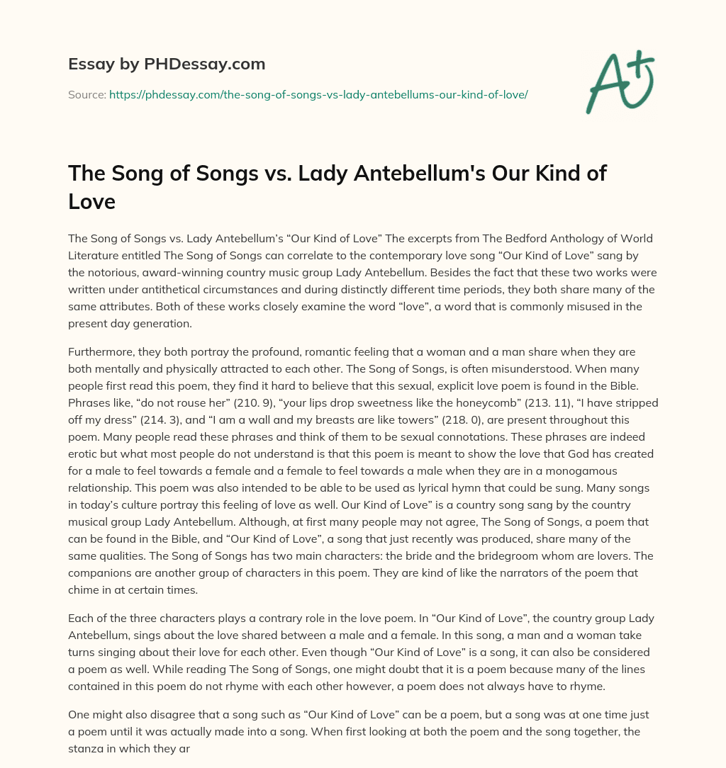 The Song of Songs vs. Lady Antebellum’s Our Kind of Love essay