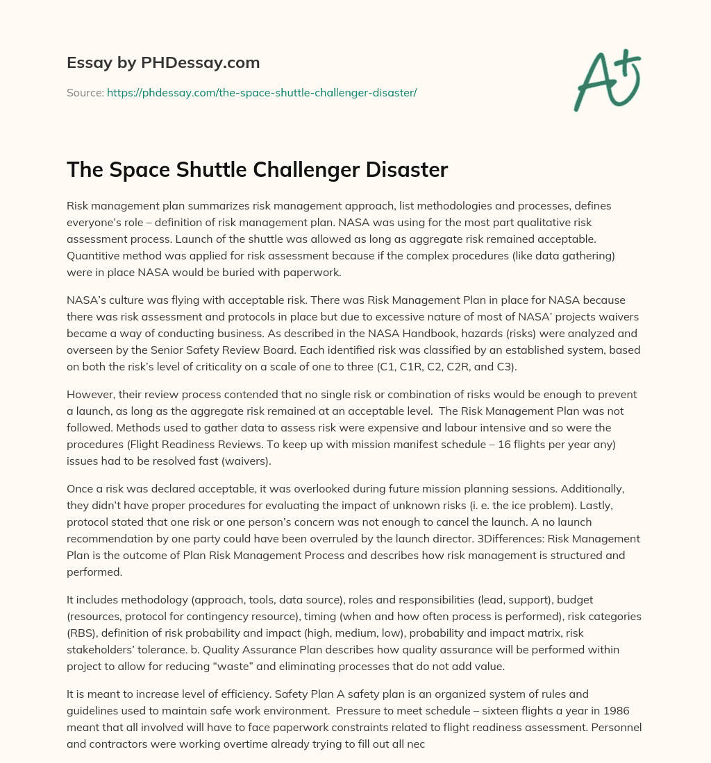 The Space Shuttle Challenger Disaster essay