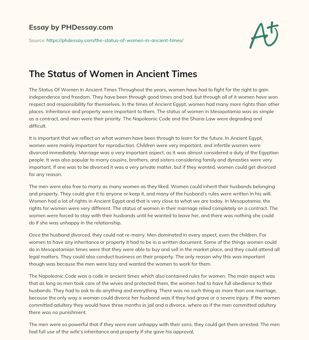 The Status of Women in Ancient Times essay