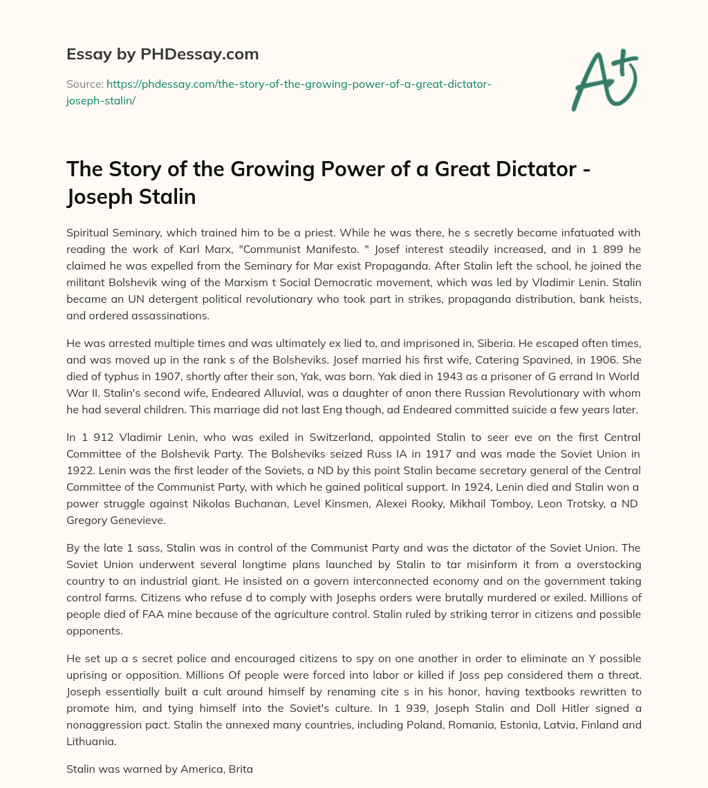 The Story of the Growing Power of a Great Dictator – Joseph Stalin essay