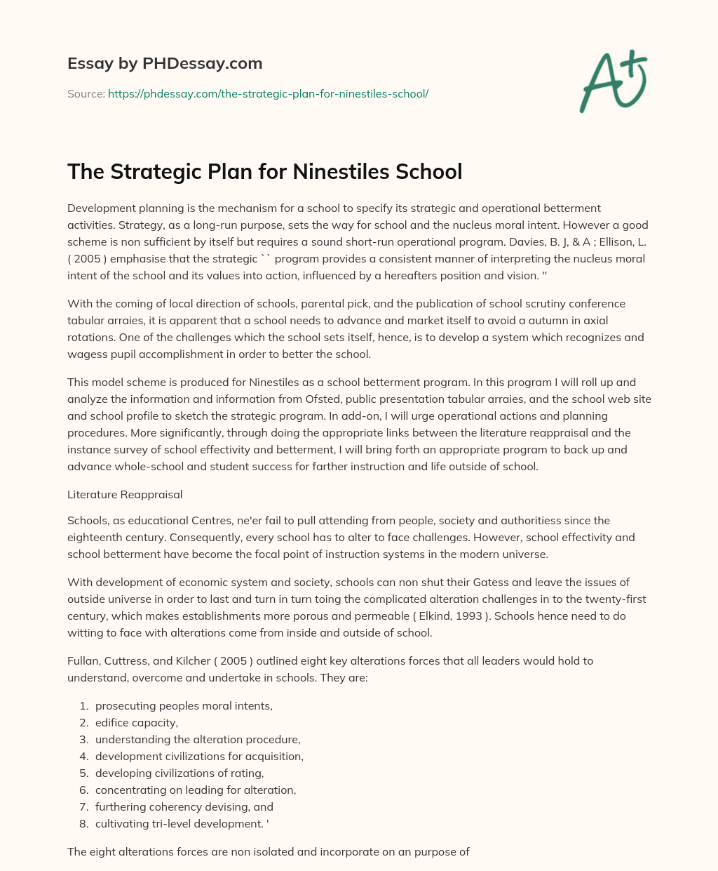 The Strategic Plan for Ninestiles School essay